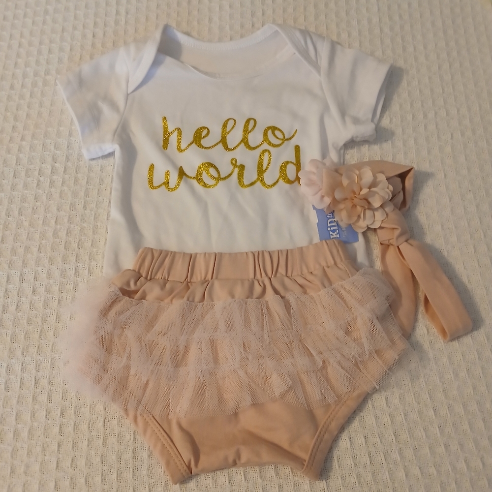 Hello World Baby Outfit Set - White and Tan